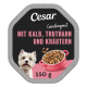 Cesar Landragout Hundefutteretikett mit weißem Terrier und einer Schüssel Nassfutter; Text „MIT KALB, TRUTHAHN UND KRÄUTERN 150 g“