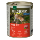Nourriture en conserve pour chats étiquetée "Wilderness Adult Pure Beef" avec un chat sauvage sur le devant, contenant 99% de bœuf, 1% de plantes, et 0% de céréales.