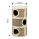 Condo pour chat cylindrique beige avec trois trous ronds, sisal tissé et bordure en polaire ; indiqué 37 cm (largeur) et 70 cm (hauteur).
