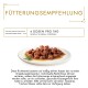 Ein Teller mit feuchtem Katzenfutter mit Fleischstücken in Soße und Rosmarin. Text lautet "Fütterungsempfehlung" und Fütterungsrichtlinien darunter.