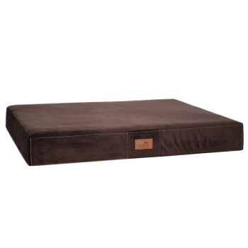 Braunes rechteckiges Haustierbett mit glatter Oberfläche und gesticktem Rand, mit einem kleinen Lederetikett beschriftet "tierland."