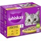 Opakowanie karmy dla kotów Whiskas z twarzą szarego kota, oznaczone "Geflügel Auswahl" z smakami kurczaka i indyka, 100% pełne odżywianie, 12 porcji.
