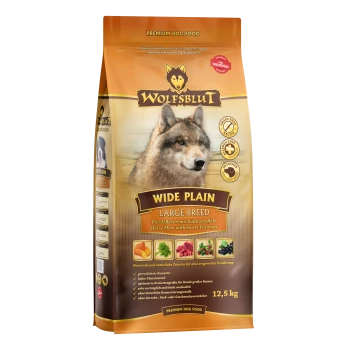 Sac de nourriture pour chien premium étiqueté "WOLFSBLUT WIDE PLAIN LARGE BREED," présentant une image de loup, avec des ingrédients incluant de la viande de cheval et des patates douces.