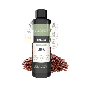 Schwarze zylindrische Flasche von ALPHAZOO Care Leinöl für Hunde und Katzen, mit dem Etikett "LEINÖL" mit Pfotenabdruck-Design und grünen Akzenten.