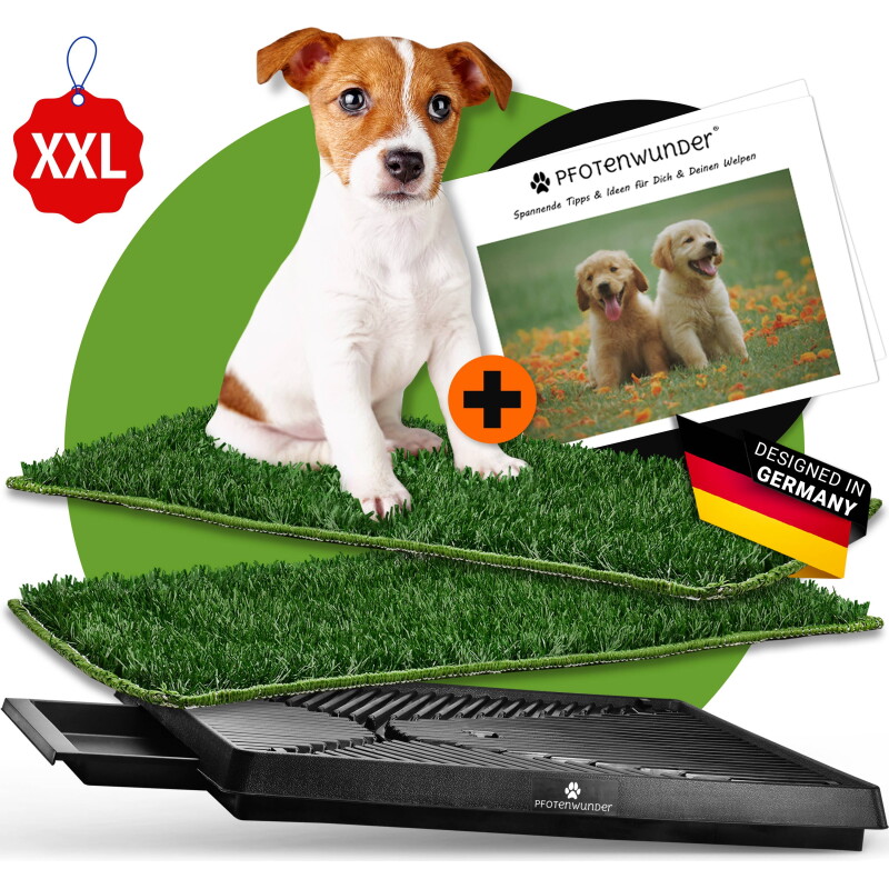 PfotenWunder® Hundeklo XXL 76*51cm, 2 Easy-Wash-Rasen + 1 Büchlein, Hundetoilette für kleine & große Hunde, festes Gras, Welpentoilette drinnen...