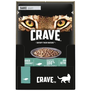 CRAVE Katzenfutterverpackung mit einer Schüssel Soße und Fleisch, dem Gesicht eines Tigers und dem Text: "Befriedige ihre Natur" und "100% natürlich."