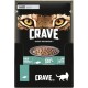 CRAVE Katzenfutterverpackung mit einer Schüssel Soße und Fleisch, dem Gesicht eines Tigers und dem Text: "Befriedige ihre Natur" und "100% natürlich."