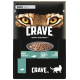 Opakowanie karmy dla kotów CRAVE z miską sosu i mięsa, twarzą tygrysa oraz tekstem: "Zaspokój ich naturę" i "100% naturalne."