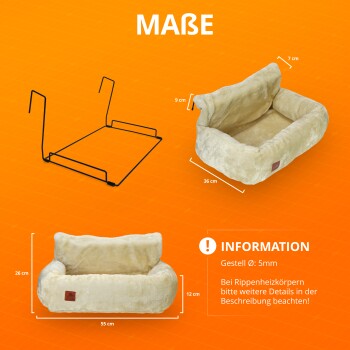 Ein gemütliches beiges Haustierbett mit den Abmessungen: 55 cm Breite, 26 cm Höhe und 12 cm Tiefe, neben einem schwarzen Metallrahmen.
