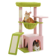 Zwei Katzen spielen auf einem bunten Katzenbaum, der eine grüne Hängematte, pinke Plattformen und einen gemütlichen Rückzugsort bietet.