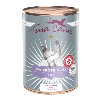 Terra Canis Dosenfutter, beschriftet 'Low Protein Diät Huhn' mit Hühnerillustration