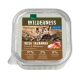 Verpackung für Nassfutter für Katzen mit der Aufschrift "Wilderness Adult Wide Savannah", die Lamm und Wildschwein enthält, mit 97 % Fleischanteil und ohne zugesetzte Körner.