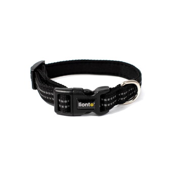 Schwarzes verstellbares Nylon-Halsband für Haustiere mit Kunststoff-Schnellverschluss, Metall-D-Ring und 'lionto'-Logo auf der Schnalle.