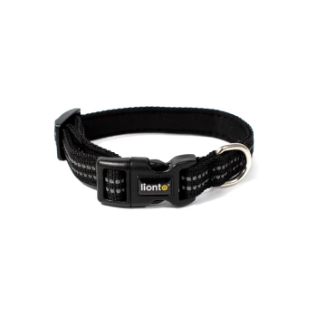 Schwarzes verstellbares Nylon-Halsband für Haustiere mit Kunststoff-Schnellverschluss, Metall-D-Ring und 'lionto'-Logo auf der Schnalle.