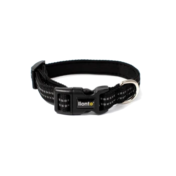 Schwarzes verstellbares Nylon-Halsband für Haustiere mit Kunststoff-Schnellverschluss, Metall-D-Ring und 'lionto'-Logo auf der Schnalle.