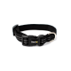 Schwarzes verstellbares Nylon-Halsband für Haustiere mit Kunststoff-Schnellverschluss, Metall-D-Ring und 'lionto'-Logo auf der Schnalle.