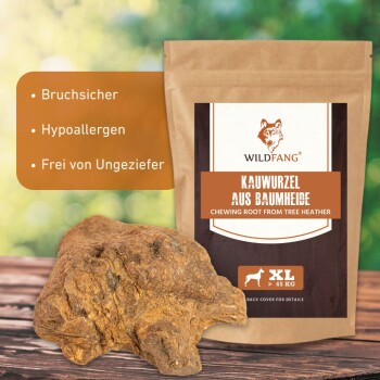 Ein brauner Beutel mit Wildfang-Kauwurzel mit Logo und Etiketten: "Bruchsicher", "Hypoallergen" und "Frei von Ungeziefer."
