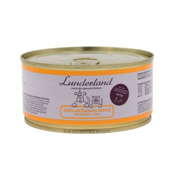 Dosen-Hundefutter mit der Bezeichnung 'boos Hühnerfleisch Menü', mit einem goldenen Deckel und einem weißen Etikett mit orangefarbenen Akzenten, das anzeigt, dass es sich um ein Ergänzungsfutter handelt.