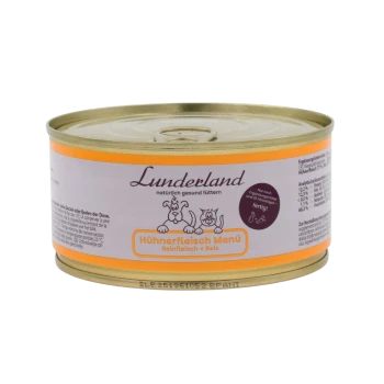 Dosen-Hundefutter mit der Bezeichnung 'boos Hühnerfleisch Menü', mit einem goldenen Deckel und einem weißen Etikett mit orangefarbenen Akzenten, das anzeigt, dass es sich um ein Ergänzungsfutter handelt.