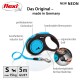 Neonblaue und schwarze Flexi-Retractable-Hundeleine, 5m Gurt für Hunde bis 15kg, mit ergonomischem Griff und Bremssystem.
