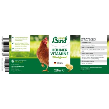 Etikett für die flüssige Formel Hühner Land Hühner Vitamine, mit einer braunen Henne und einem Küken, mit Nährwertinformationen und Anwendungshinweisen.