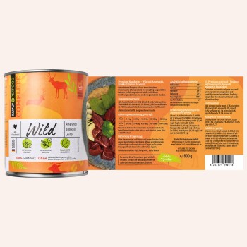 Dosen-Tierfutter mit der Aufschrift 'Wild', das Zutaten wie Amaranth, Brokkoli und Leinsamen enthält, mit Nährwertinformationen und Serviervorschlägen.