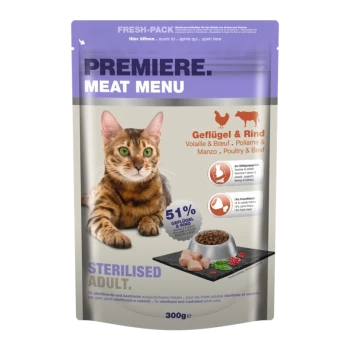 Verpackung für Katzenfutter mit einem Bengal-Katze, beschriftet mit "Premiere Meat Menu," mit 51% Geflügel und Rind, geeignet für sterilisierten erwachsenen Katzen.