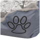 Graues Haustierbett mit einem weichen, plüschigen Innenraum und einem schwarzen Pfotenabdruckdesign an der Seite.
