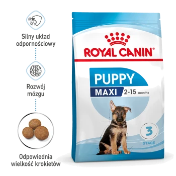 Torba karmy dla szczeniąt Royal Canin Puppy Maxi dla szczeniąt w wieku 2-15 miesięcy, podkreślająca wsparcie odporności, rozwój mózgu i rozmiar krokietów.