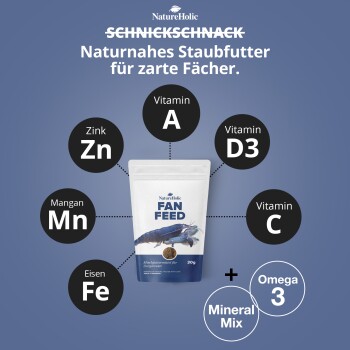 NatureHolic FAN FEED-Tüte mit Flusskrebsbild, Nährstoffsymbole für Vitamin A, D3, C und die Mineralien Zn, Mn, Fe sowie Omega‑3
