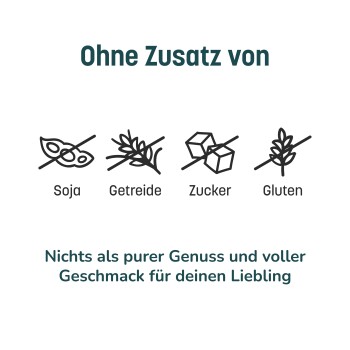 Etikett 'Ohne Zusatz von' mit durchgestrichenen Symbolen für Soja, Getreide, Zucker, Gluten; unterer Text: 'Nichts als purer Genuss...'