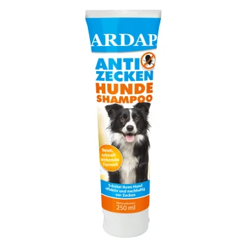 Eine Tube ARDAP Anti Zecken Hunde Shampoo, mit einem schwarz-weißen Hund auf dem Etikett, mit Text, der die Wirksamkeit gegen Zecken hervorhebt.