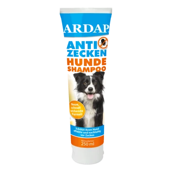 Eine Tube ARDAP Anti Zecken Hunde Shampoo, mit einem schwarz-weißen Hund auf dem Etikett, mit Text, der die Wirksamkeit gegen Zecken hervorhebt.