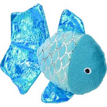 Pluche turquoise vis-speeltje met iriserende blauwe folievinnen, zilveren schubpatroon en geborduurd oog.