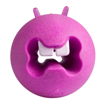 Jouet rond violet pour chien avec dents blanches et ouverture en forme d'os, conçu pour mâcher et jouer.