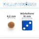 Bild, das die Größen von Haustierfutterpellets vergleicht: ein 8,5 mm runder Pellet neben einem 16 mm blauen Würfel, beschriftet mit "PELLETGRÖSSE" und "Würfelform."