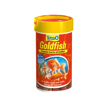 Tetra Goldfish food container featuring a bright yellow lid, red label with images of goldfish, and text stating "Complete food for all Goldfish."
