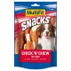 Een kleurrijke huisdier snack verpakking met een lachende hond, gelabeld 'MultiFit Snacks Chick 'n' Chew mit Rind' met rundvlees smaak.