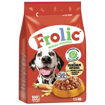 Hundefutterbeutel mit einem glücklichen Dalmatiner, beschriftet mit "Frolic Naturally Irresistible", mit einer Schüssel Trockenfutter und einer Karotte.