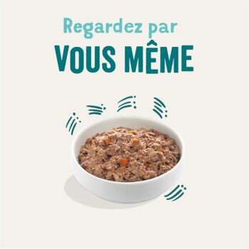 Bol de nourriture pour animaux de compagnie avec une texture charnue et de petits morceaux de légumes, accompagné du texte "Regardez par VOUS MÊME."