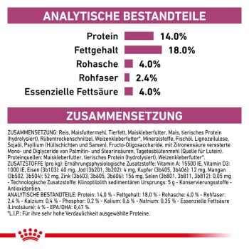Deutsches Haustierfutteretikett zeigt Protein (14%), Fett (18%), Asche (4%), Ballaststoffe (2,4%) und essentielle Fettsäuren (4%). Zutaten umfassen Reis und Mais.