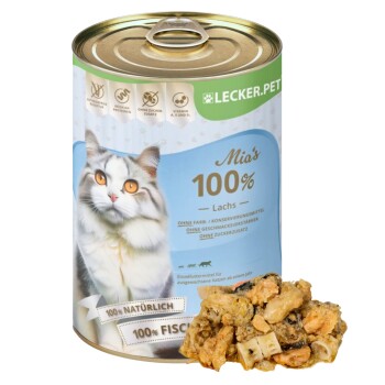 Dosenkatzenfutter beschriftet mit "Mia's 100% Lachs" mit einem Bild einer Katze, mit Text über 100% natürlich und fischbasiert.