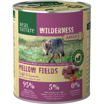 Dose Hundefutter "Real Nature Wilderness Adult Mellow Fields" mit Wolf-Bild, 95% Büffel/Lamm, 5% Früchte/Kräuter, keine Körner.