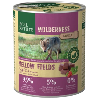 Dose Hundefutter "Real Nature Wilderness Adult Mellow Fields" mit Wolf-Bild, 95% Büffel/Lamm, 5% Früchte/Kräuter, keine Körner.