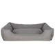 Graues Haustierbett mit erhöhten Seiten und einem weichen, gepolsterten Innenraum, entworfen für Komfort und Unterstützung für Haustiere.