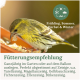 Gelb-schwarzer Vogel auf einem mit Flechten bedeckten Ast sitzend mit deutschem Text über alle Jahreszeiten und saisonale Symbole.