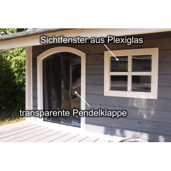 Graues Haustierhaus mit transparenter Klappe und Fenster. Sichtbarer Text: 'Sichtfenster aus Plexiglas', 'transparente Pendelklappe'.