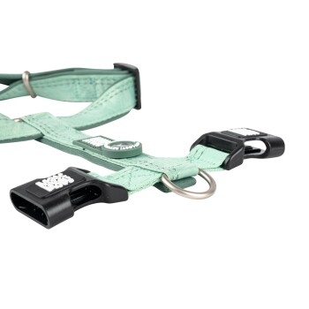 Mintgrünes verstellbares Hundegeschirr mit schwarzen Kunststoffschnallen und Metall-D-Ring, beschriftet mit "Merry Woof".