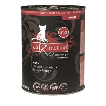 Dosen-Katzenfutter "caz finefood" mit Huhn, schwarzem und rotem Design, getreidefrei und von Premium-Qualität.