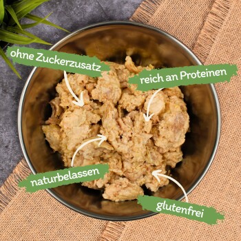 Schüssel mit Tierfutter, beschriftet mit "kein Zuckerzusatz", "reich an Protein", "natürlich" und "glutenfrei".